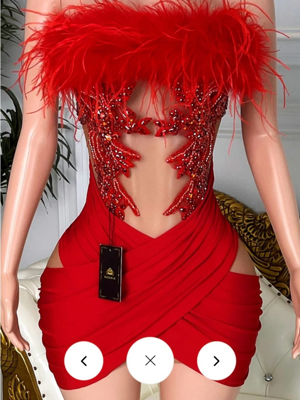 Strapless Red Feather & Rhinestone Mini Dress